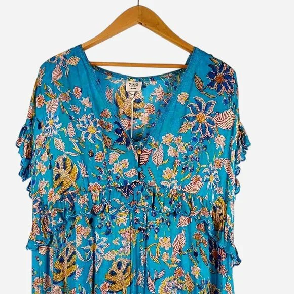 NWT Hemant & Nandita Turquoise Floral Ruffle Maxi Dress Size XS $498 - Picture 4 of 12